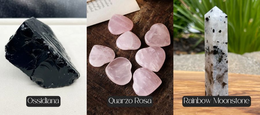 proprietà dei cristalli ossidiana quarzo rosa rainbow moonstone